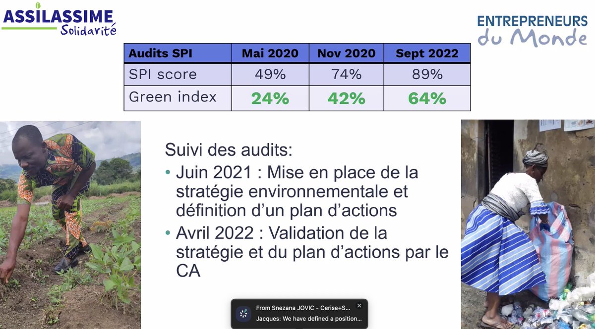 Jacques Afetor, Assilassimé Solidarité @MicrofinanceS partage son expérience avec les #outils #SPI et un focus sur la #performance #environnementale 

"L'audit a aidé Assilassimé à construire ce positionnement basé sur la Dimension 7 - Gestion de la performance environnementale"