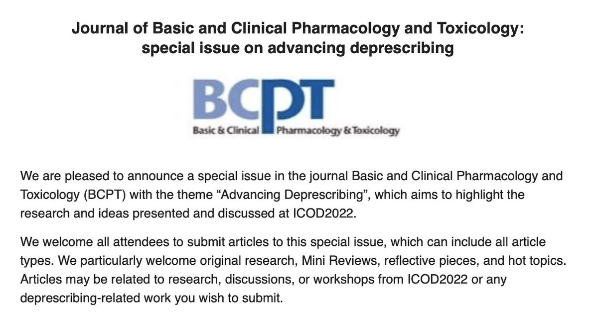 DeprescribeUS's tweet image. 📣Call for papers! #BCPT Special Issue on Advancing #deprescribing!

See the announcement here: onlinelibrary.wiley.com/journal/174278…

The deadline for submission is February 1, 2023.

Please reach out to wade.thompson@ubc.ca if you have any questions.