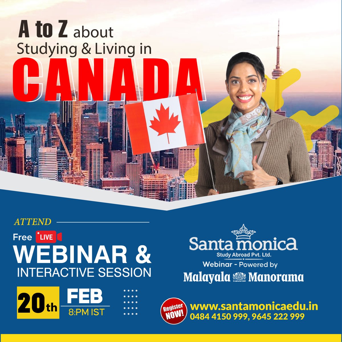 Study in Canada after +2/Degree/Masters. REGISTER  for the interactive webinar. 
tinyurl.com/2r2hxdta

Know everything about studying in Canada, application fee waivers* scholarships* and much more.
#santamonicastudyabroad #StudyAbroad #StudyinCanada #StudyinCanada2022 #Canada