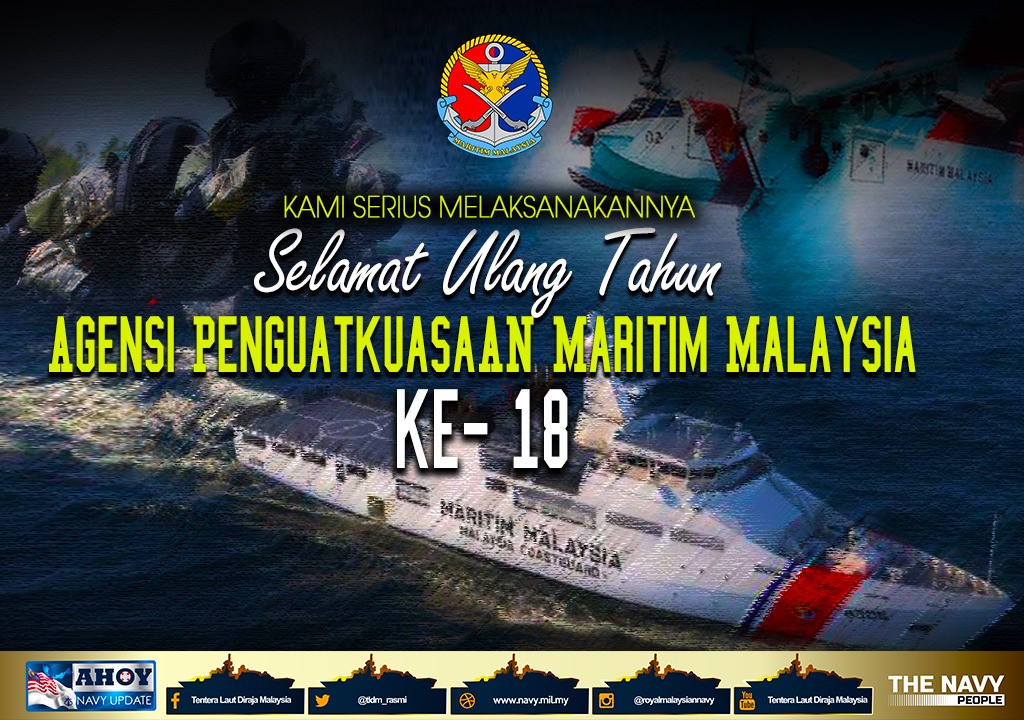 Panglima Tentera Laut dan warga #NavyPeople mengucapkan Selamat Ulang Tahun Ke-18 kepada @MYCoastGuard, agensi sahabat yang sama-sama memastikan kesejahteraan perairan Malaysia terpelihara. 
Semoga terus cemerlang menguatkuasakan undang-undang demi negara tercinta.

#NavyWishes