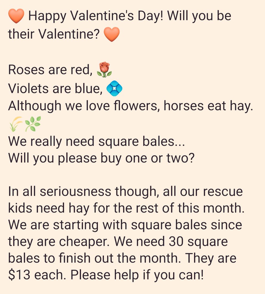 HAPPY VALENTINE'S DAY
Will you be our Valentine? 
To help with hay: 
Linktr.ee/PRRHR
paypal.me/PRRHorseRescue
Venmo
@PalominoRidgeRanchHorseRescue 
#horserescue #supporthorserescue
#bemyvalentine #donate #valentinesday #hay #fundraiser #PLEDGE #horses #cutehorses #love