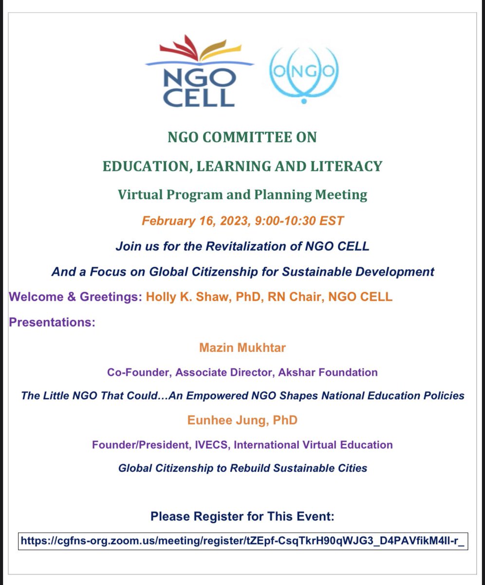 NGO Committee on Education, Learning and Literacy Virtual Program and Planning Meeting February 16, 2023 9 - 10:30 AM EST Please join us for the Revitalization of NGO CELL and a Focus on Global Citizenship for Sustainable Development! Register Here: cgfns-org.zoom.us/meeting/regist…