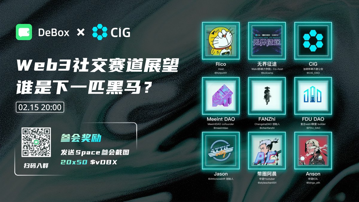 🐎Web3社交赛道展望——谁是下一匹黑马？

⏲️02.15 20：00
🐧一起聊聊社交赛道前景 #DeBox #CIG
1⃣加入Space
2⃣参会截图发至
debox.pro/dao/ln2HP7y9
🎁1000$vDBX

⬇️直播入口
x.com/i/spaces/1OwGW…

<a href="/CIG_DAO/">Crypto Influencer Guild</a> <a href="/kolcamp/">无界征途 Boundless Journey</a> <a href="/meeintdao/">Meeint DAO</a> <a href="/FDU_DAO/">FDU DAO</a> <a href="/chenfanzhi/">陈凡知</a> <a href="/Atticnovelnft/">Attic Novel NFT</a> <a href="/styleschen001/">阿晨Achen</a>  <a href="/bingo_eth/">Renzo润泽丨MemeMax ⚡️</a>