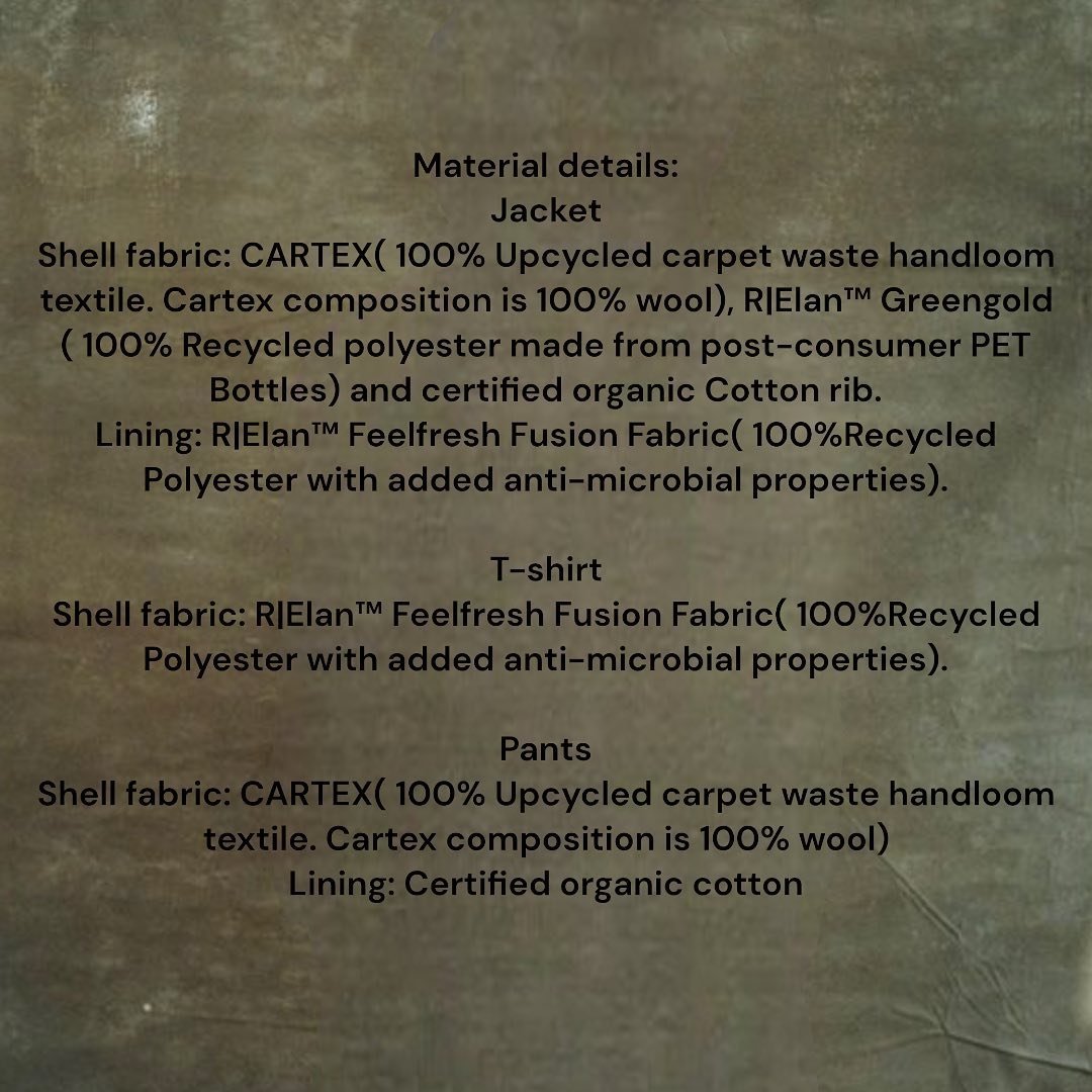#Repost <a href="/pieuxorganic/">Pieux</a> 
• • • • • •
Babil Khan x Pieux

Be a part of our journey. Creating fashion consciously and ethically.

The apparels are made using upcycled carpet textile (CARTEX) and R|Elan™ GreenGold.

#recycledfashion #fashionforearth
#relan #sustainablefashion