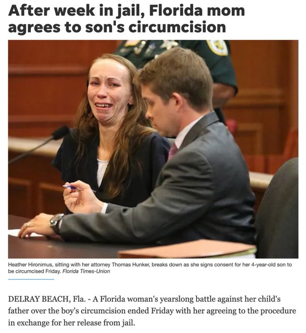 Reminder that Florida has always been 100% okay with mutilating an infant or toddler's genitals, just so long as it's the right kind of child and the right kind of mutilation, going so far as to jail women who refuse if Daddy wants his kid mutilated. (2015)