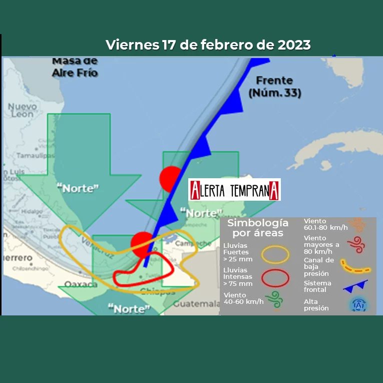 AlertaGt502's tweet photo. Aviso Especial
Martes 14 de febrero
El acercamiento y posible ingreso del Frente Frio 33 ocasionará aumento del potencial de lluvias y vientos fuertes con rachas entre del viernes al domingo, así como notable descenso de temperatura
#ClimaGt #TraficoGt
#FrenteFrío33 #FF33
#SF33 https://t.co/sdYyoHc8cZ