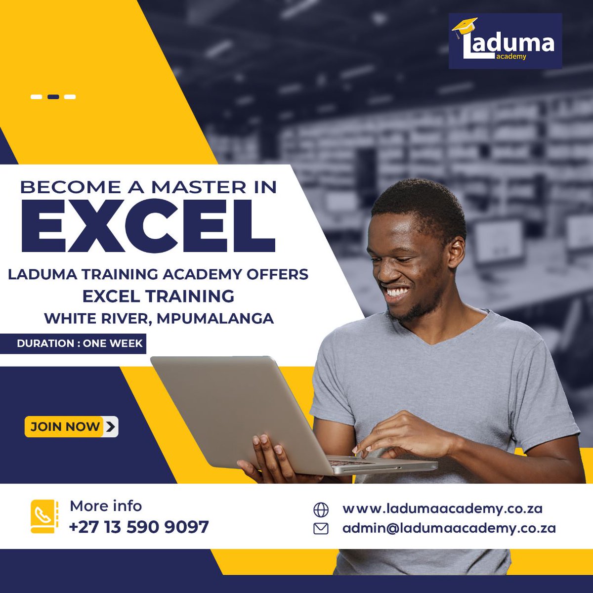 LadumaAcademy's tweet image. Become a Master in 𝐄𝐗𝐂𝐄𝐋
𝐄𝐗𝐂𝐄𝐋 𝐓𝐑𝐀𝐈𝐍𝐈𝐍𝐆 – One week Course offered by Laduma Training Academy located at White River, Mpumalanga.
👉For more information
☎ +27 13 590 9097
📧 admin@ladumaacademy.co.za
🌐ladumaacademy.co.za/excel-training/
#LadumaTrainingAcademy #excelcourse