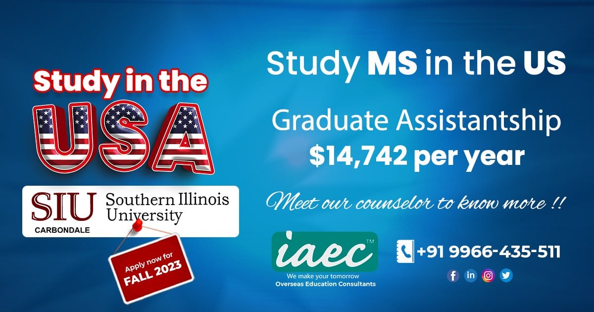 Study MS in America to secure world class education + valuable assistantships. Apply today! Don't delay! 
#IAEC #msinusa #graduate #assistantships #Southernillinoisuniversity #StudyAbraod #abroadeducation #studentivsa #fall2023