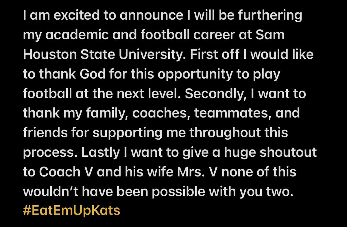 I’m very excited and blessed to announce that I have officially committed to play football at Sam Houston State University !!!#EatEmUpKats <a href="/Coach_V_/">James Villarreal</a> <a href="/VMAthletics/">Veterans Memorial Eagle Athletics</a> <a href="/MrsCoach_V_/">Elysa Villarreal</a> <a href="/Coach_T_Rocco/">Thomas Rocco</a> <a href="/vmhs_football/">VMHS Eagles Football</a>