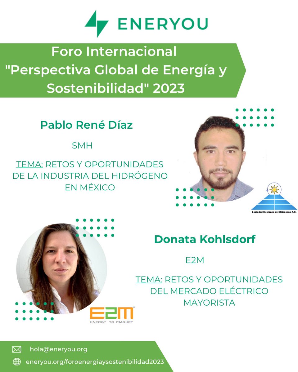 Nos complace anunciar que Donata Kohlsdorf integrante del equipo Energy to Market y Pablo René Díaz, integrante del equipo Sociedad Mexicana del Hidrógeno , se unirán a nosotros como oradores invitados en nuestro Foro Internacional de Energía y Sostenibilidad.