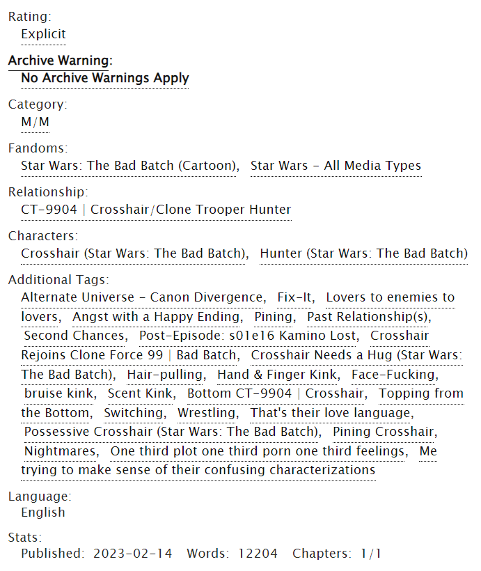 morethansky's tweet photo. i should live in salt for leaving you
Star Wars | #CrossHunter | 12k | E | #heysweetheart | Canon divergence | Lovers to enemies to lovers | Pining Crosshair | After Kamino’s destruction, Crosshair decides to leave with Hunter and the Bad Batch.
https://t.co/lGXbImWZGb
@ficwip https://t.co/Yhc9zWF11b