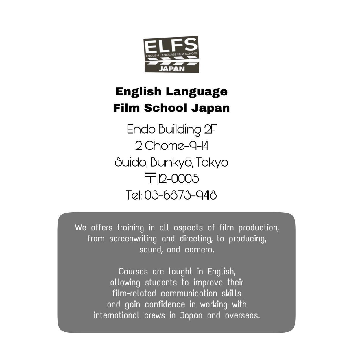 ELFSJPN's tweet image. #elfsjapan 
🎬 Introduction to the Meisner Technique with Lucas Rue
🎞 2/17 ~ 3/17 (7:00pm-9:30pm)
📍ELFS Japan's studio
.
Feel free to contact us!
elfsjapan.com/event/meisner-…
#actingclasses #meisnertechnique #acting #actingcourse #englishcommunity #演技 #異文化交流 #演技レッスン