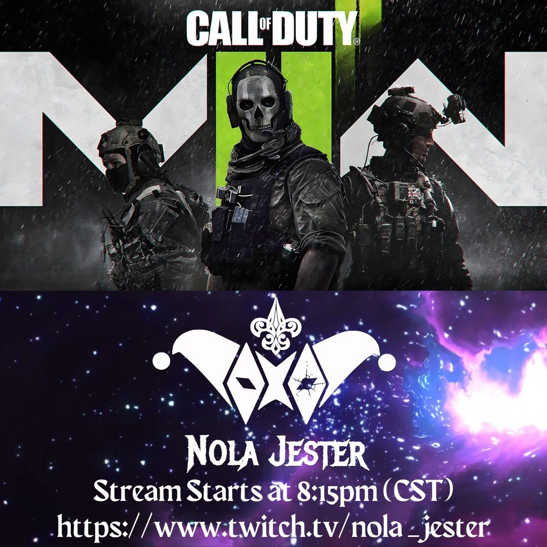 jester_nola's tweet photo. What's up everyone? Tonight I am streaming some Call of Duty: Modern Warfare 2! Stop by and hang out for a bit! Ask about discounted merch! Stream starts at 8:15pm (cst)! See yall in the chat!
https://t.co/FTNoAg2Tq0
#CallofDutyModernWarfare2  #multiplayer #twitch #fpsgames #DMZ https://t.co/z6L8dvANTh