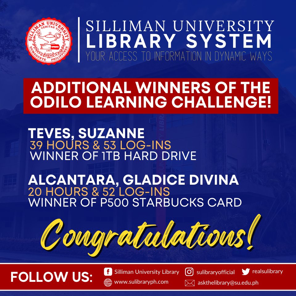 𝐌𝐎𝐑𝐄 𝐖𝐈𝐍𝐍𝐄𝐑𝐒!

We are pleased to announce that there are 2 additional winners from our ODILO Learning Challenge! 

Claim your prizes next week at the SU Main Library and look for Mr. Irvin Dan Regidor!

Congratulations!

#SULibrary #ODILO #LearningChallenge