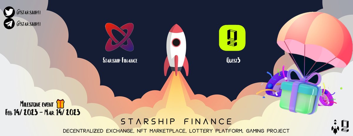 Starshipfi's tweet photo. Starship Finance x @Quest3_xyz partnership
🎁 $1500 to 150 winners + 10 Starship OG+ role

Join event ::
https://t.co/XPCCly0jAW

Join Milestone event ::
https://t.co/pNd4H4K8Lj

#starshipfinance #Quest3 #cryptolottery_s #milestone_event https://t.co/Kc6aHix0YE