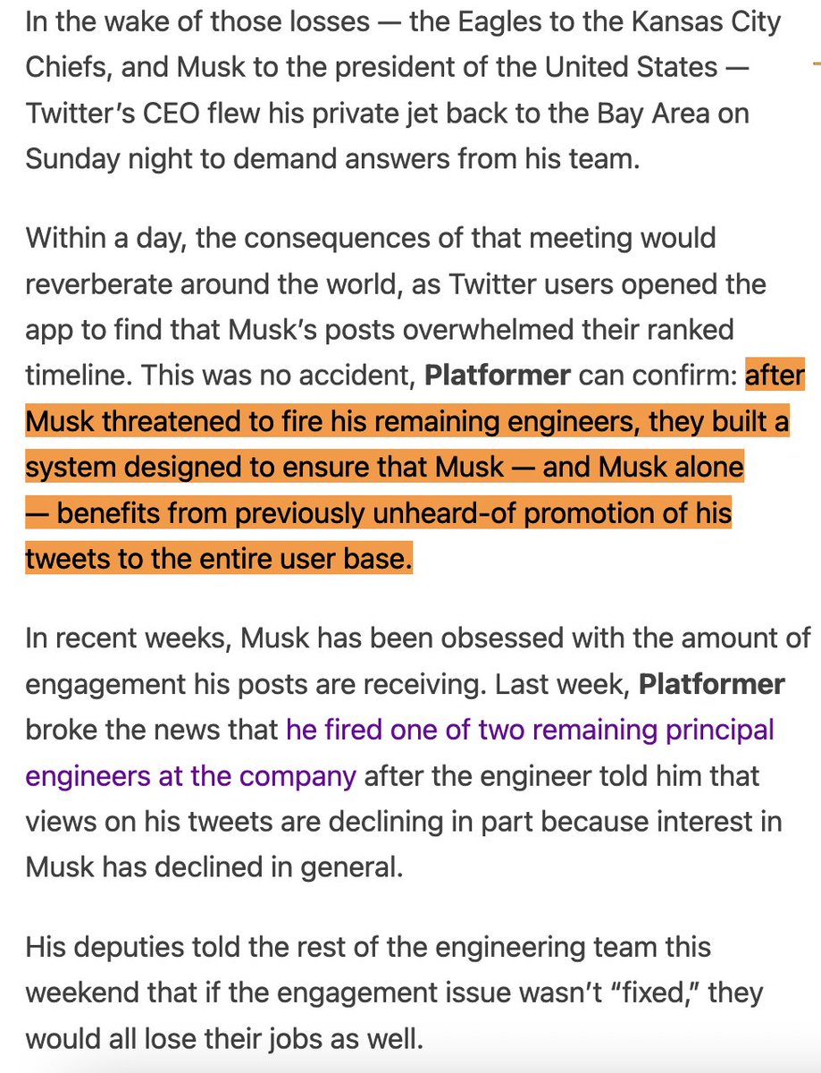 oneunderscore__'s tweet image. Elon's cousin James Musk held an emergency, "high urgency" meeting at Twitter after the Super Bowl because Elon's tweets performed worse than Joe Biden's.

Then Twitter had engineers rush to change Twitter's algorithm to ensure Elon received "previously unheard-of promotion."