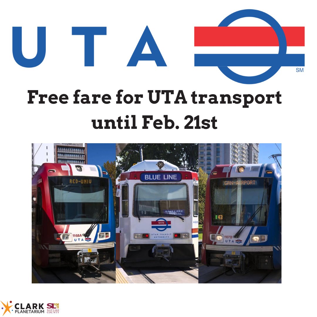 ClarkPlanet's tweet photo. Want to ride that space train to the cosmos? Now it won't cost you a dime! #UTA is providing #FreeFare until 2/21. Stop by at the planetarium station for free fares AND free admission! #ClarkAllStars https://t.co/90Z6J4sFo4