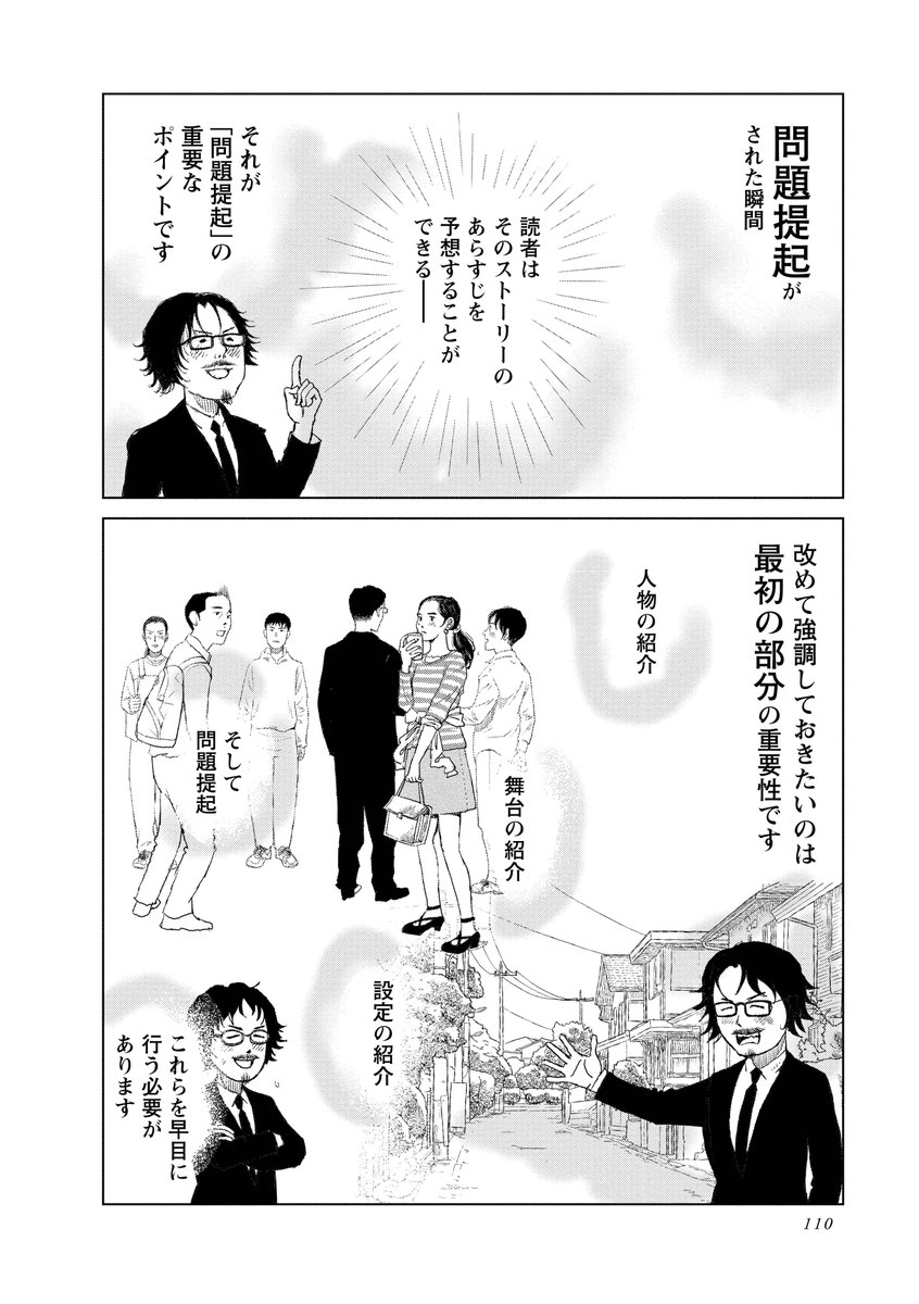 「起」の部分がしっかりできているとストーリーは半分成功したようなものです。
そこでは「人物の紹介」「舞台の紹介」「設定の紹介」をしっかりする必要があります。
そして「問題提起」。
「問題」が提起された瞬間、読者はストーリーの全体像を予想することができます。
#マンガ脚本概論 