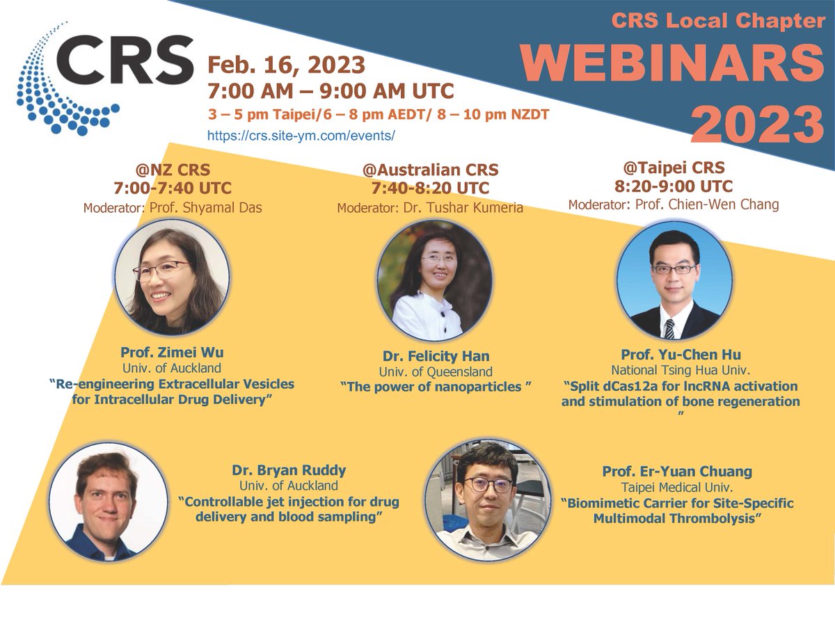 Drug Delivery Australia (@australiancrs) on Twitter photo 📢Its time for our first combined CRS LC webinar of 2023! 🥳Join us TOMORROW (Feb 16), for a virtual event hosted by CRS' Australia, New Zealand, and Chinese Taipei local chapters. ➡️ Register NOW for this free event! reurl.cc/klN6gG
<a href="/CRSScience/">Controlled Release Society</a> <a href="/nz_crs/">NZCRS</a> <a href="/CRS_TW_Local/">CRS Taiwan Local Chapter</a> 📢Its time for our first combined CRS LC webinar of 2023! 🥳Join us TOMORROW (Feb 16), for a virtual event hosted by CRS' Australia, New Zealand, and Chinese Taipei local chapters. ➡️ Register NOW for this free event! reurl.cc/klN6gG
<a href="/CRSScience/">Controlled Release Society</a> <a href="/nz_crs/">NZCRS</a> <a href="/CRS_TW_Local/">CRS Taiwan Local Chapter</a>