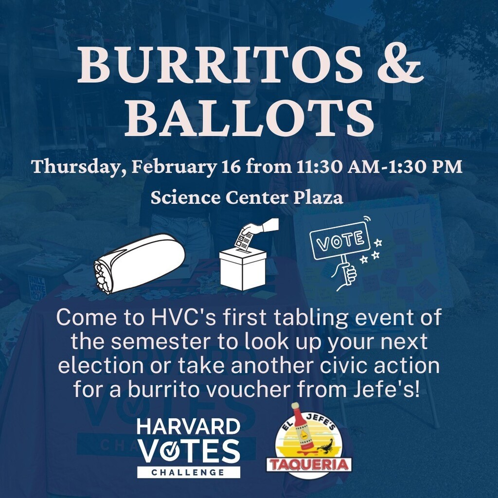 Datamatch didn't go well for you? That's okay! You can get a FREE Jefe's burrito from HVC if you take a civic action while we're tabling at the Science Center on Thursday from 11:30AM-1:30PM!🗳