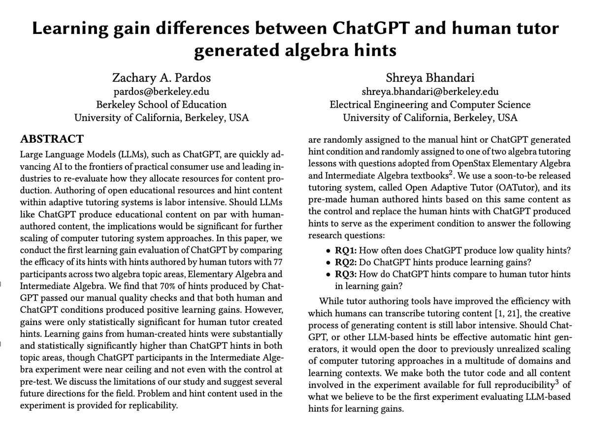 Learning gain differences between ChatGPT and human tutor generated algebra hints abs: arxiv.org/abs/2302.06871