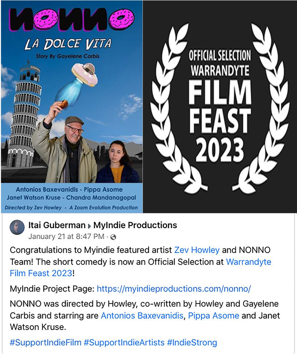 "NONNO's second award - BEST SCREENPLAY. Well done team. And those UFOs flying around at the moment there just after our donuts!" - director, Zev Howley - co-written by Zev Howley and Gayelene Carbis, story Gayelene Carbis