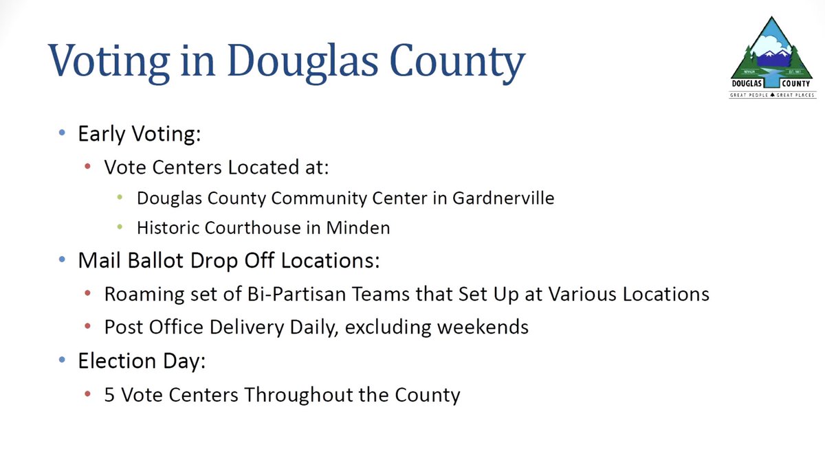 LetNevadaVote's tweet image. Douglas County Clerk, Amy Burgans, is in front of today's joint #LegOps committee meeting. In 2022 there were 2⃣ Early Voting and 5⃣ Election Day vote centers in Douglas County #NVLeg