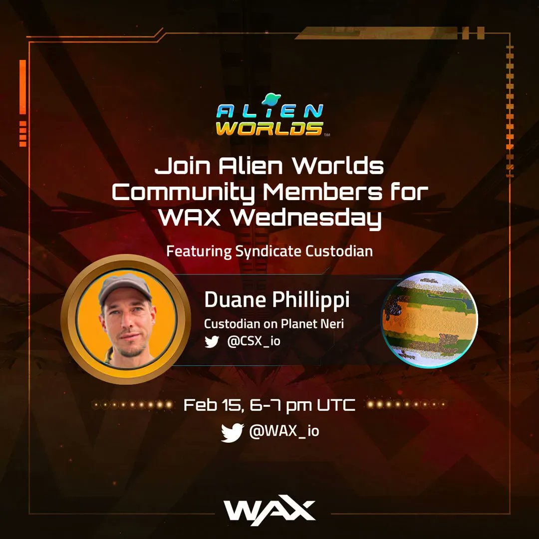 AlienWorlds's tweet photo. 👽 Later today at 6 PM UTC, everyone is welcome to join Duane Phillippi (@CSX_io), #Syndicate Custodian on Planet #Neri for #WAX Wednesday's Twitter spaces event: How In-Game DAOs are Enriching the #AlienWorldsMetaverse. 🪐

👉 https://t.co/ln1iuAeRyH 👈 https://t.co/O0oJoqd6lO