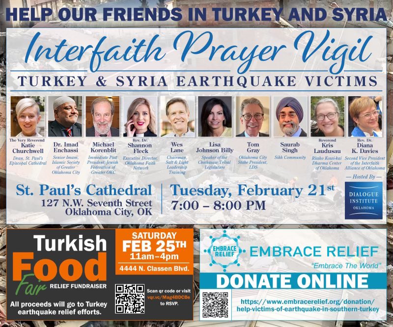 One week from today - OKC Interfaith Prayer Vigil for Turkey 🇹🇷 and Syria 🇸🇾 #prayersforhealing #1OKC 🤲🏽🙏🏽