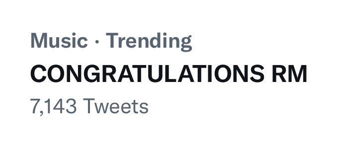 CONGRATULATIONS RM trending with 7k tweets. Keep celebrating and streaming! 

#SeoulTownRoad100M #RM