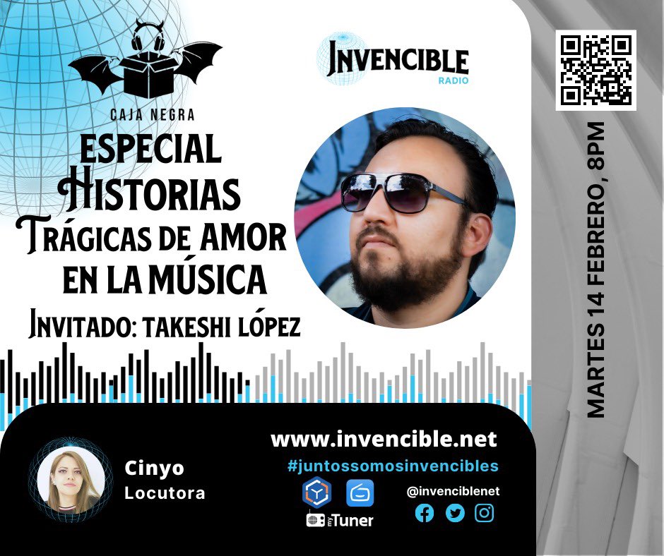 Invenciblenet's tweet photo. Ahora al aire @negracajaradio con #Cinyo🎙️martes 8pm #envivo por 🌐https://t.co/Ly7r9eXcuV invitado especial @TakeshiLopez @MParaVolarRadio para platicar sobre amores trágicos de la música. #invencibleradio
#juntossomosinvencibles https://t.co/DBVDuSDWV5