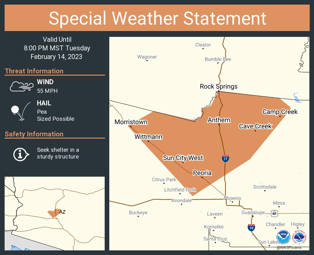 NWSPhoenix's tweet photo. A special weather statement has been issued for Peoria AZ, Surprise AZ and  Sun City AZ until 8:00 PM MST https://t.co/2uKbEpexWk