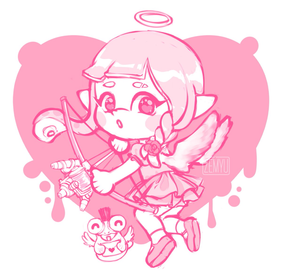 zzemyu's tweet photo. Happy Valentine's Day! 💘 💌
Procrastination sketch of cupid inkling and lil buddy! I'll finish this.....eventually 🥹 https://t.co/E50j0jf42x