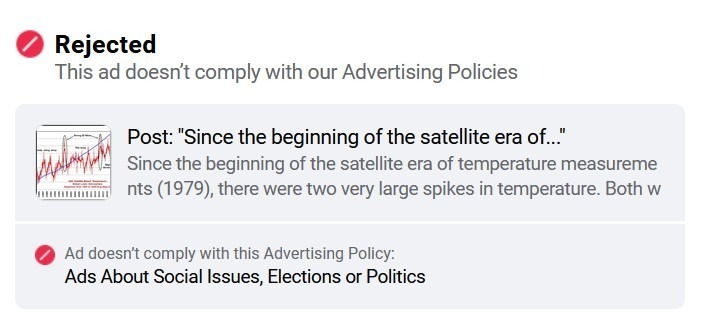 JunkScience's tweet photo. .@CO2Coalition tried to run this debunking of the emissions-causes-warming hoax as a Facebook ad.

Facebook's climate censors rejected it.

No matter. 

This is global warming reality. 

And dishonest, politicized Facebook can't hide it. https://t.co/Yt8kk6erkl
