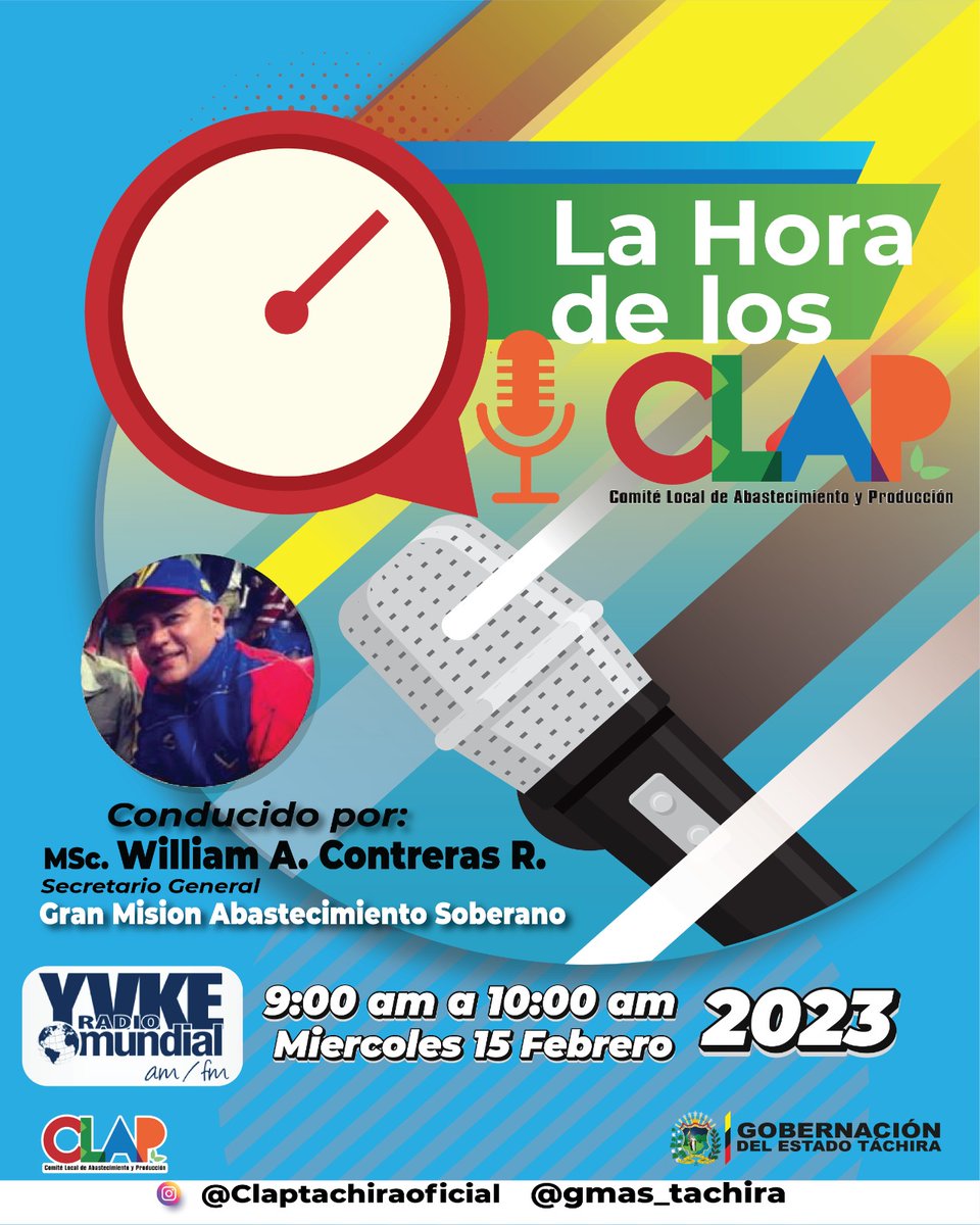 Por qué hora también producimos en radio📻 invitamos a todos el pueblo tachirense a sintonízar por <a href="/YvkeTachira/">Yvke Tachira</a> 94.5FM a partir ☀️ 9:00AM a 10:00AM 🗣️ LA Hora De Los CLAP

<a href="/NicolasMaduro/">Nicolás Maduro</a>
<a href="/FreddyBernal/">Freddy Bernal</a>
<a href="/LealTelleria/">M/G Carlos Leal Tellería</a>
@Tachira_Clap
<a href="/MinAlimenVen/">minalimentacion_ve</a>
#ClapTachiraGuerrerosDeLos4Puentes