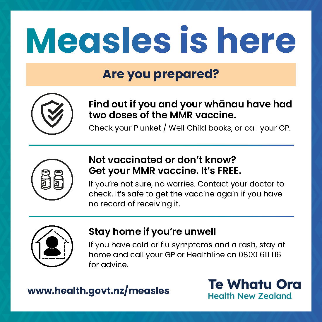 TeWhatuOra's tweet photo. 1/3 We’ve identified a person with #Measles in New Zealand. Measles is highly contagious and can be serious in those not protected. MMR vaccine provides great protection and is free. If you/your whānau aren't vaccinated or aren't sure - contact your GP to check if you need it. https://t.co/DUHivZzWqS