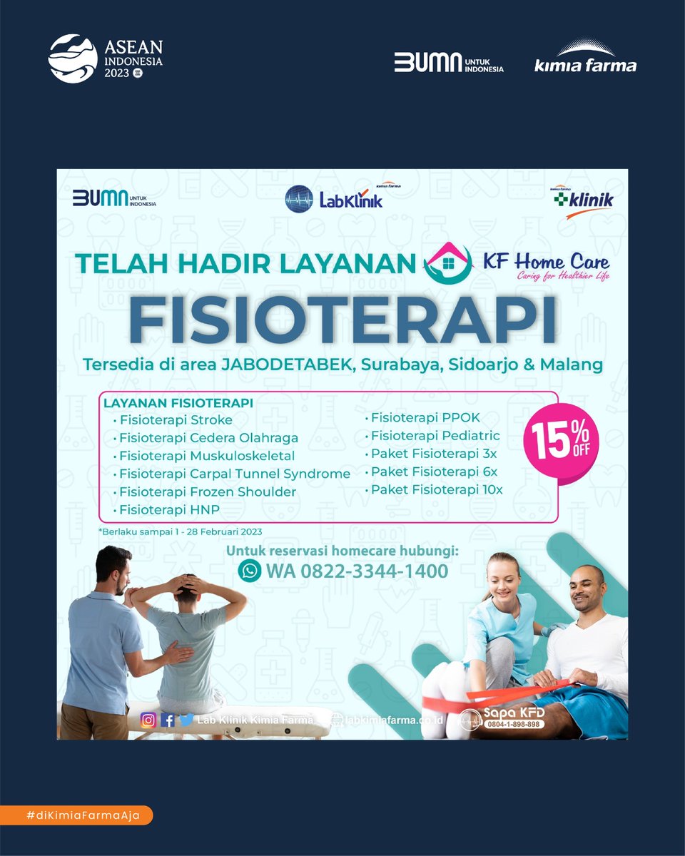 kimiafarmaind's tweet photo. π’ Fisioterapi kini hadir di Kimia Farma Home Careπ’
Hai Sahabat Kaef, kamu atau keluarga butuh fisioterapi? π€
#PijatLaktasi
#BeraniCheckUp
#LabKlinikKimiaFarma
#KimiaFarmaDiagnostika https://t.co/jN1Fdl9QBq