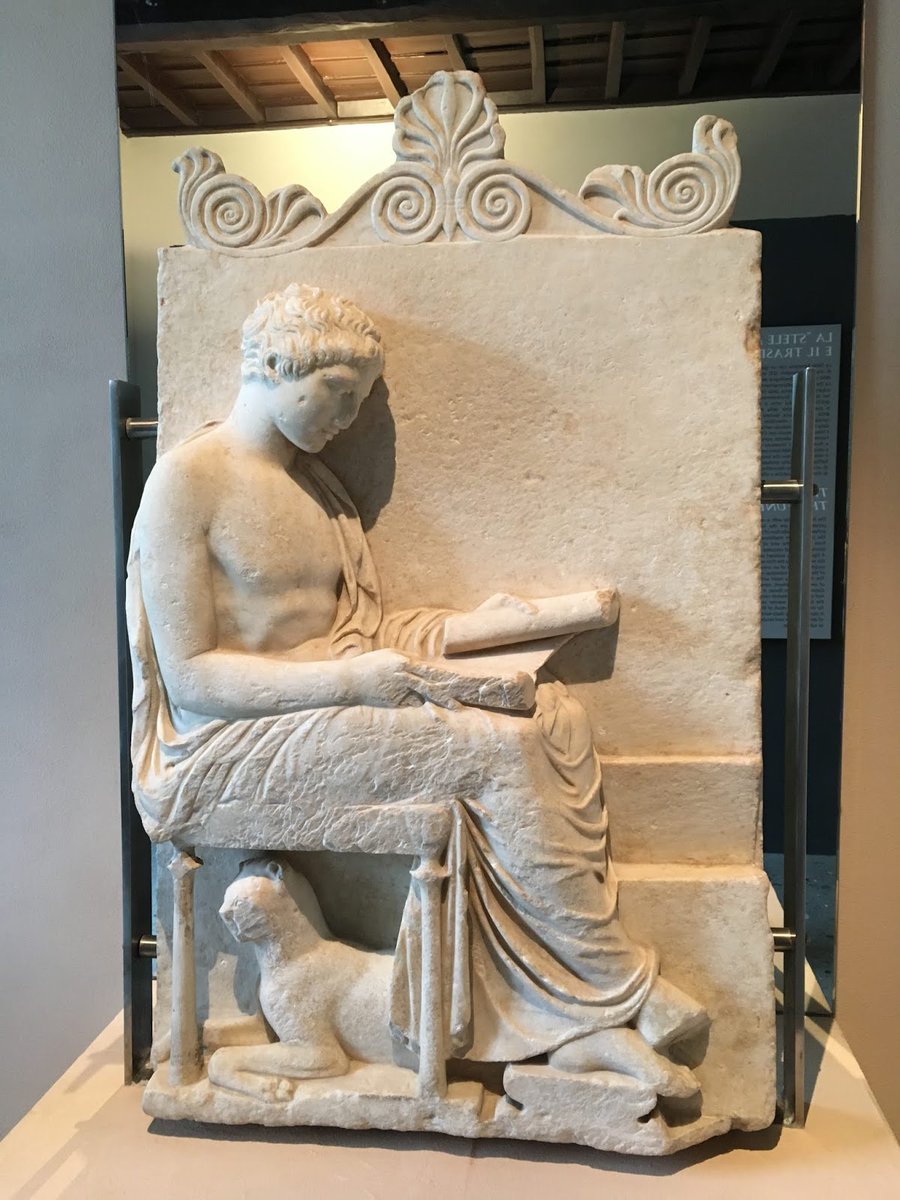 rmunro3's tweet image. A very moving grave stele of a Greek youth as his parents wanted him to be remembered for all eternity: calming reading a scroll while sitting on a klismos chair with his beloved canine companion by his side.  It was short life perhaps 15? Not not without love and joy. #pathos