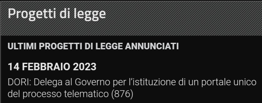 #BreakingNews

🔴Roma, 14.02.2023 - Annunciato alla Camera (quindi il relativo testo non é al momento ancora disponibile) il progetto di legge delega dell'On. Devis Dori per l'istituzione di un 𝗣𝗢𝗥𝗧𝗔𝗟𝗘 𝗨𝗡𝗜𝗖𝗢 𝗗𝗘𝗜 𝗣𝗥𝗢𝗖𝗘𝗦𝗦𝗜 𝗧𝗘𝗟𝗘𝗠𝗔𝗧𝗜𝗖𝗜.