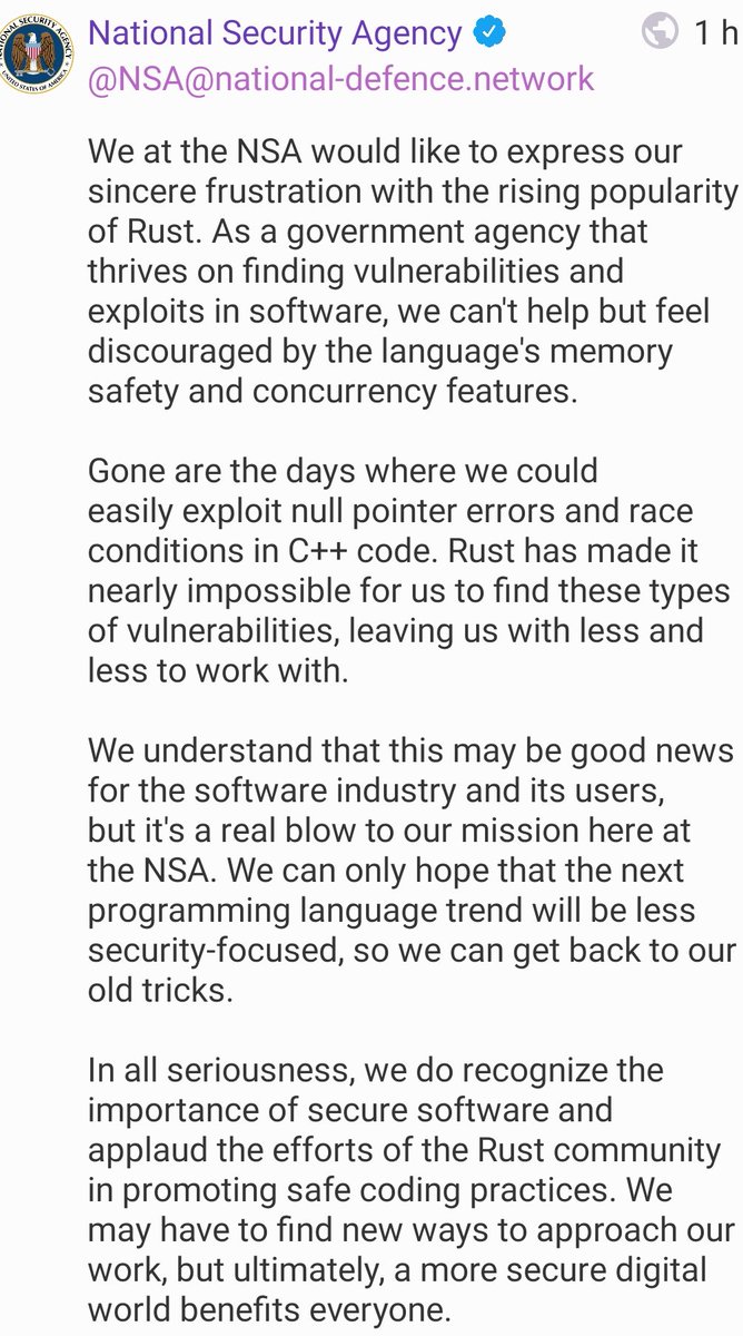 🦀 ' ...would like to express our sincere frustration with the rising popularity of Rust...' 

Note: That is not a real account of that org 👇

#RustLang #SecureCoding #SoftwareSecurity #Programming #MemorySafety #Exploits #Vulnerabilities #infosec