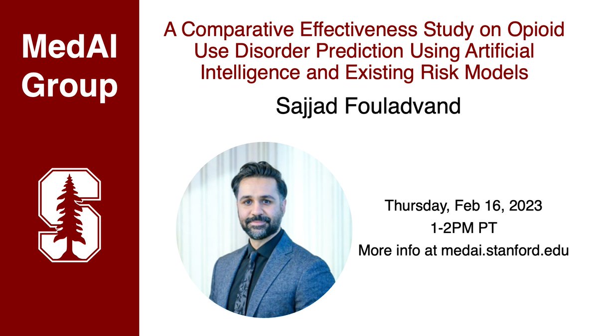 MedaiStanford's tweet photo. This week, @SajjadFV from Stanford will be joining us to talk about Opioid Use Disorder prediction using AI and existing risk models. Catch it at 1-2pm PT this Thursday on Zoom!

Subscribe to https://t.co/6oTrfQjUkr
#ML #AI #medicine #healthcare https://t.co/sNBjjmTCNx