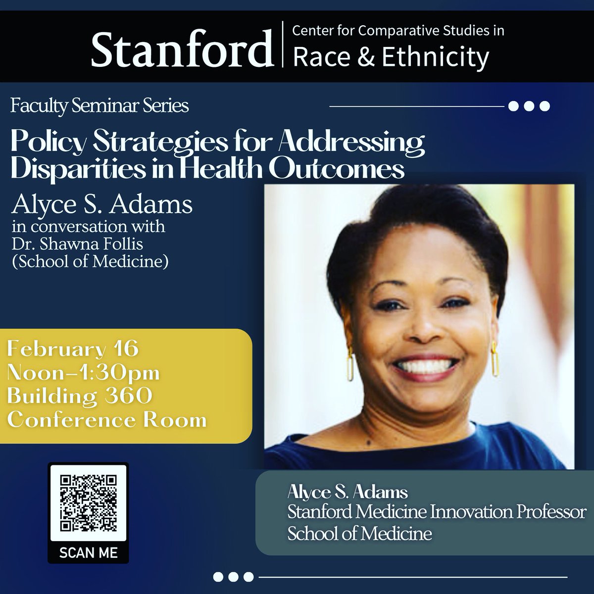 Stanford CCSRE (@stanfordccsre) on Twitter photo Thurs 2.16 @ noon <a href="/stanfordccsre/">Stanford CCSRE</a> is pleased to host Alyce S. Adams, Stanford Medicine Innovation Professor (<a href="/StanfordMed/">Stanford Medicine</a>), for our next Faculty Seminar Series "Policy Strategies for Addressing Disparities in Health Outcomes," w response by Dr. Shawna Lee #CCSRE #RaceMatters Thurs 2.16 @ noon <a href="/stanfordccsre/">Stanford CCSRE</a> is pleased to host Alyce S. Adams, Stanford Medicine Innovation Professor (<a href="/StanfordMed/">Stanford Medicine</a>), for our next Faculty Seminar Series "Policy Strategies for Addressing Disparities in Health Outcomes," w response by Dr. Shawna Lee #CCSRE #RaceMatters