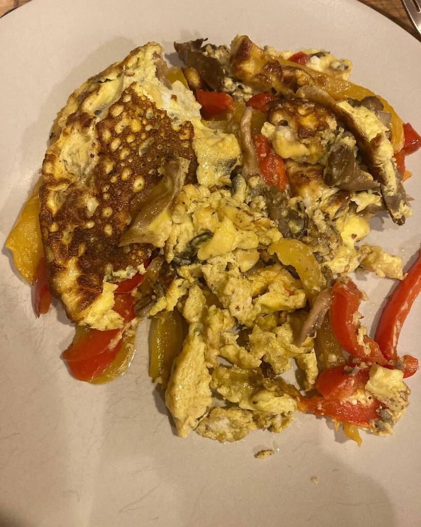 Delicious omelette, our shiitakes, cheese fed chicken eggs, veggies