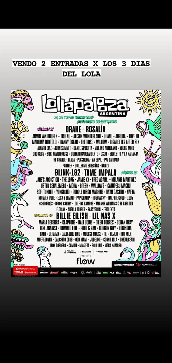 nicogarciafer's tweet photo. Vendo 2 entradas lollapalooza 3 days pass #Lollapalooza #3dayspass https://t.co/w4tpSrSpZb