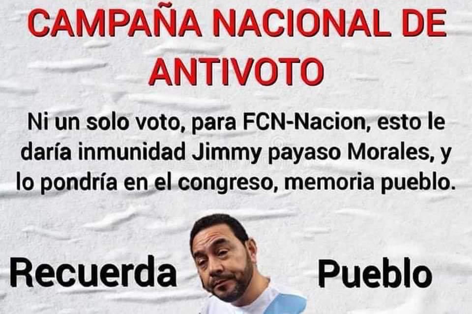 ElMatutinoGT's tweet image. Promueven campaña “Ni un solo voto para FCN-NACIÓN”.

Usuarios de redes sociales comparten una iniciativa que muestra el rechazo en contra del ex presidente Jimmy Morales y quienes lo acompañan como candidatos a diputados.

#DiarioElMatutino