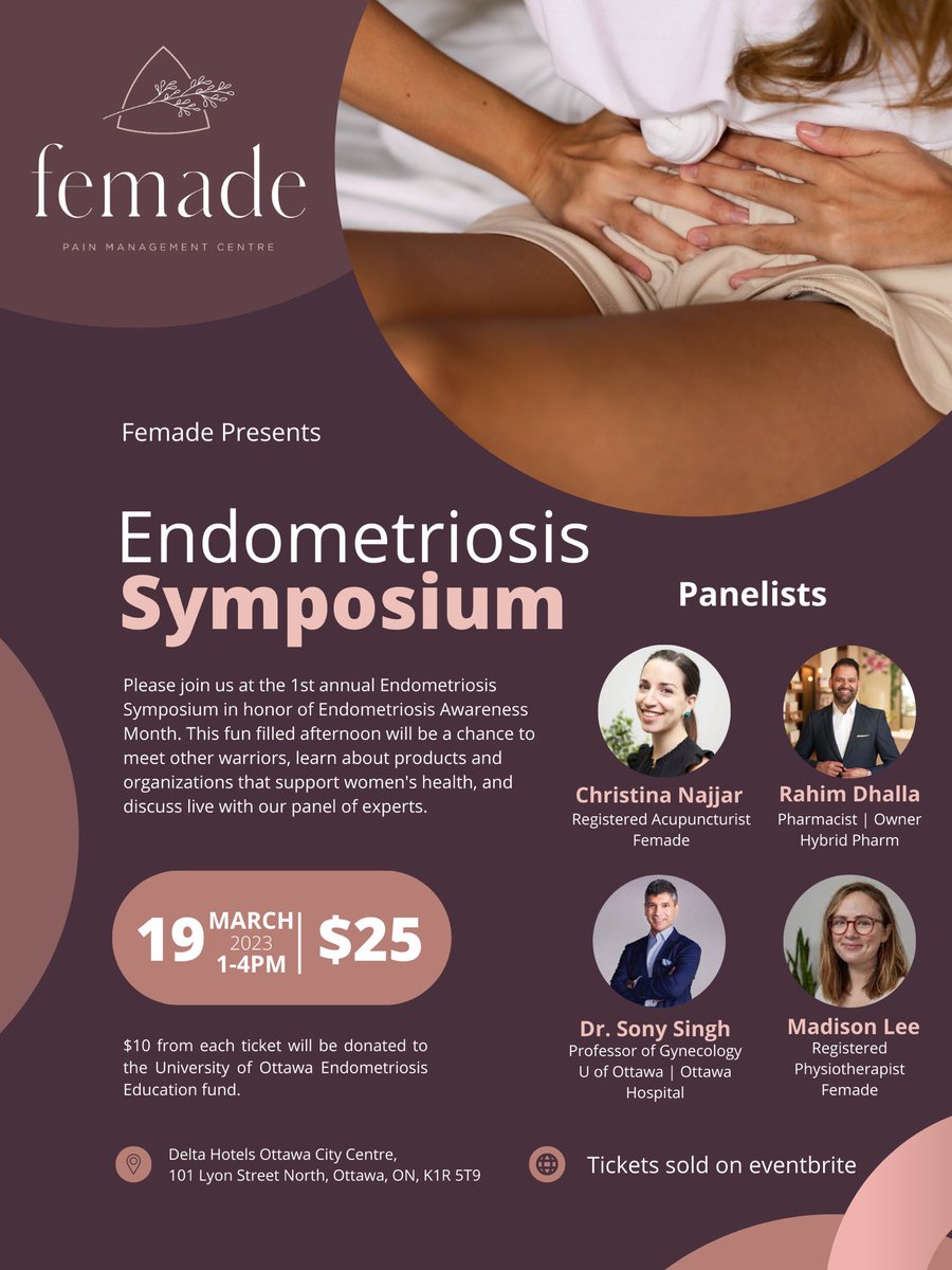 Join us for our 1st annual endometriosis symposium here in Ottawa. Tickets are available on eventbrite - $10 from each ticket will be donated to the U of O endometriosis research fund. eventbrite.com/e/546660324747