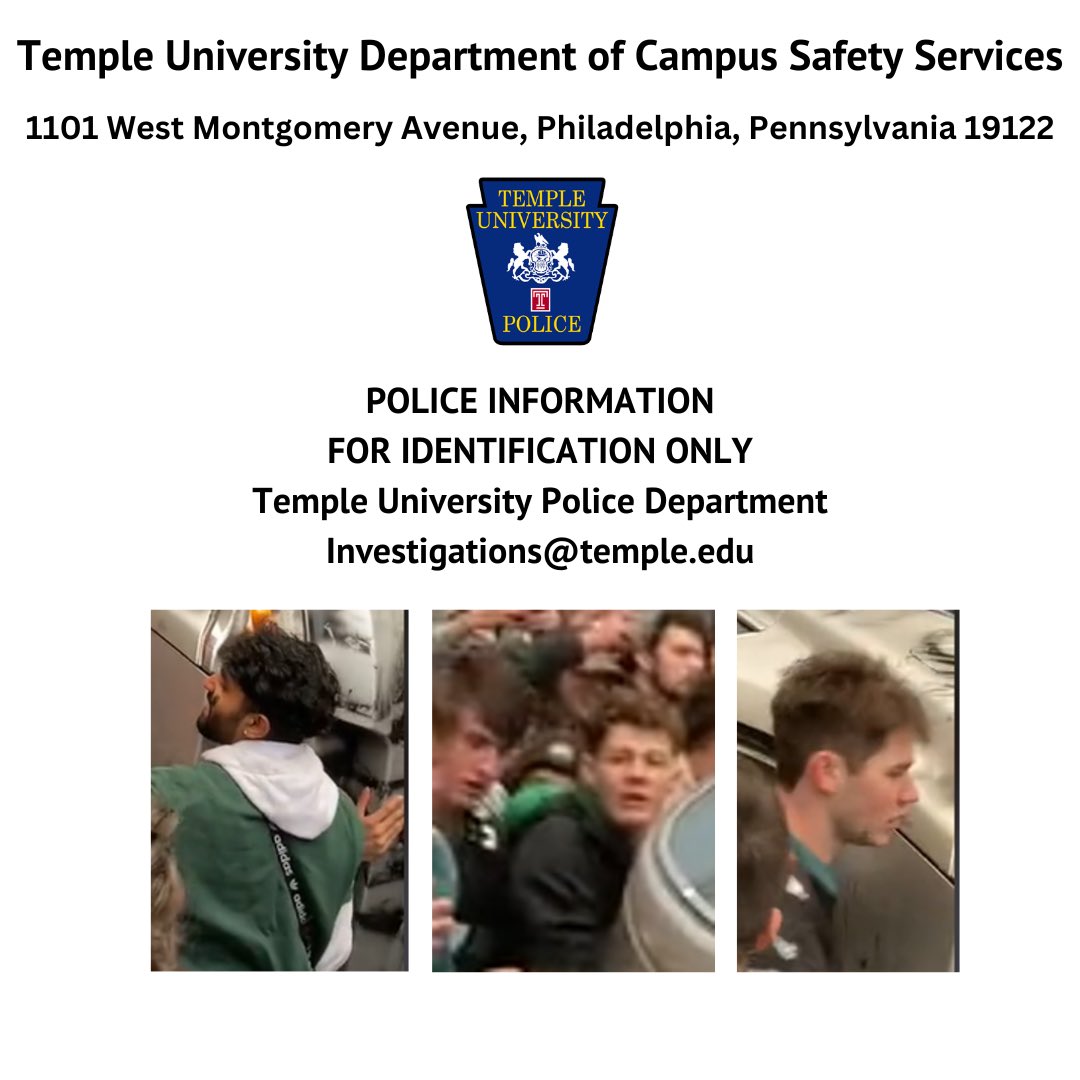 TU_Police's tweet photo. The above is pictured individuals in the destruction and vandalism of property on Sunday, February 12th, 2023, at approximately 4:00 PM on the 1700 block of Arlington Street.
TUPD is working with the Philadelphia Police Department to identify all individuals who participated in https://t.co/GnXKb3oBuV