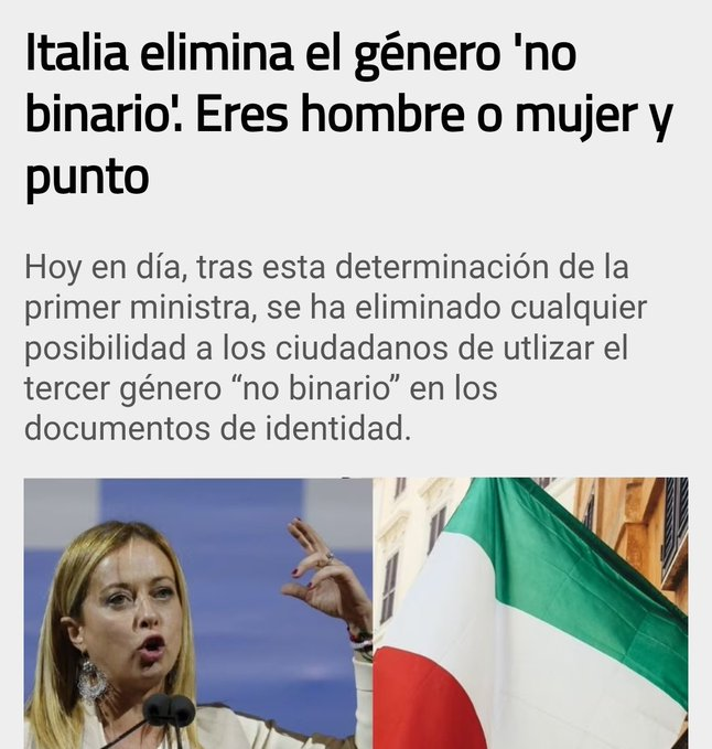 SaverioVivas2's tweet photo. El gobierno de Italia eliminó el género "no binario", porque alega que solo hay dos géneros biológicos.
O eres biologicamente hombre o eres biologicamente mujer. https://t.co/ZeDLKOmqrU