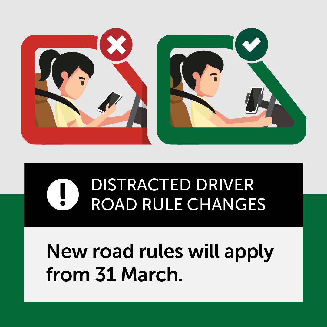 From 31 March, new road rules will extend existing mobile phone rules to include: • inbuilt systems • mounted devices • wearable & portable devices, like smartwatches & tablets. These changes will help to minimise distractions on the road. Learn more: bit.ly/3RYoOrE