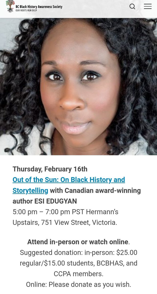 MangueSilvia's tweet photo. This Thursday 02/16 join us for 
"Out of the Sun: On Black History and Storytelling" with Canadian award-winning author #EsiEdugyan
5 – 7 pm PST @HermannsJazz Upstairs, 751 View Street, Victoria. Donations welcome! More details 👇🏾Thanks to #Capable #GovCanada #GovBC #CDRArts https://t.co/PxRxK6kyHS